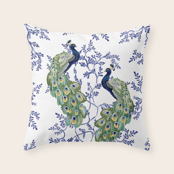 Chinoiserie Peacock Blue & White Floral Throw Pillow Gallery Image 1