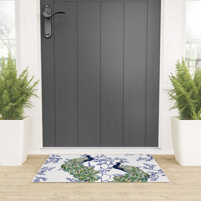 Chinoiserie Peacock Blue & White Floral Welcome Mat Gallery Image 3