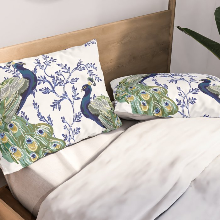 Chinoiserie Peacock Blue & White Floral Pillow Sham Gallery Image 2