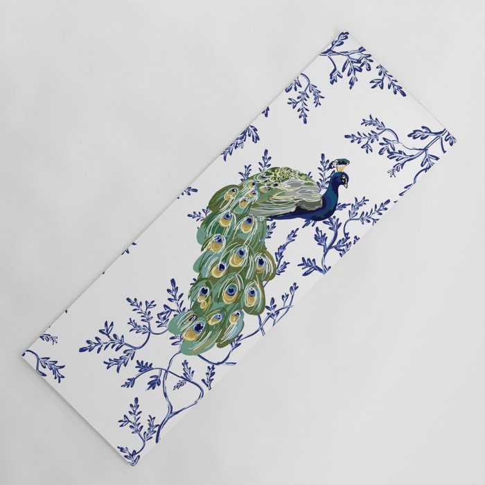 Chinoiserie Peacock Blue & White Floral Yoga Mat Gallery Image 1