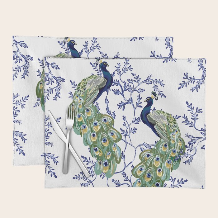 Chinoiserie Peacock Blue & White Floral Placemat Gallery Image 1