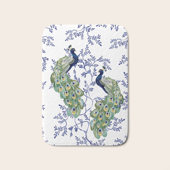 Chinoiserie Peacock Blue & White Floral Bath Mat Gallery Image 1