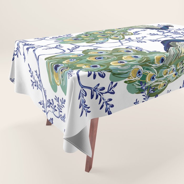 Chinoiserie Peacock Blue & White Floral Tablecloth Gallery Image 1