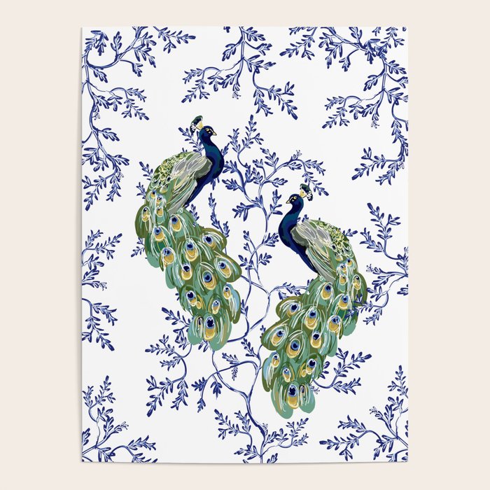 Chinoiserie Peacock Blue & White Floral Poster Gallery Image 4