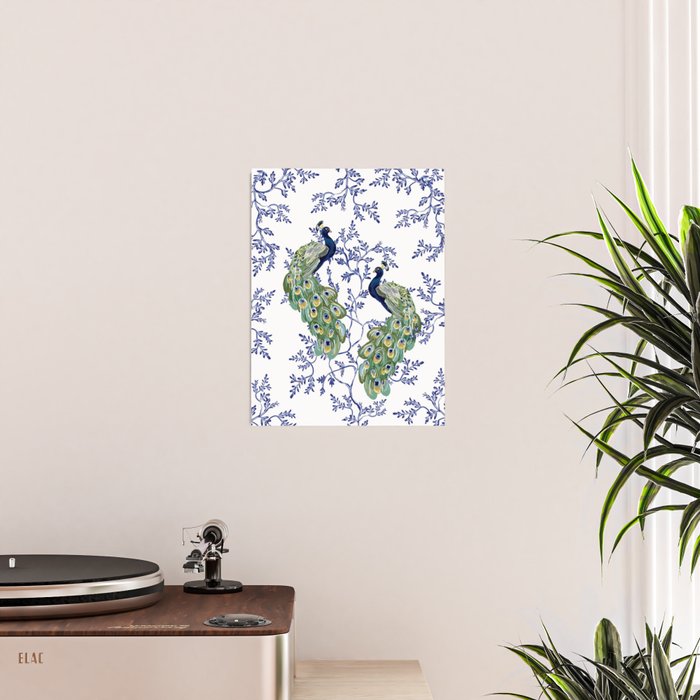 Chinoiserie Peacock Blue & White Floral Poster Gallery Image 2