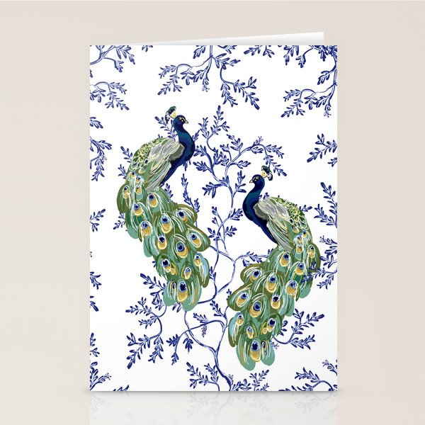 Chinoiserie Peacock Blue & White Floral Stationery Card Gallery Image 1