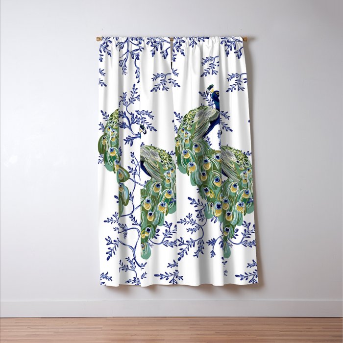 Chinoiserie Peacock Blue & White Floral Window Curtain Gallery Image 3