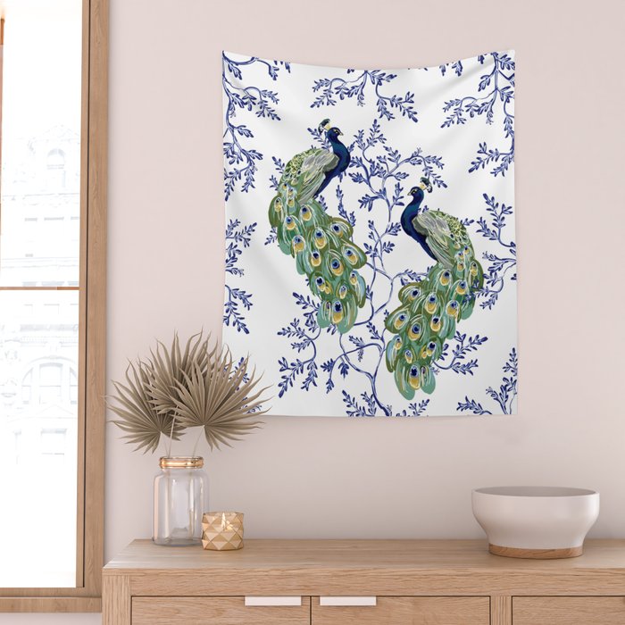 Chinoiserie Peacock Blue & White Floral Wall Tapestry Gallery Image 2