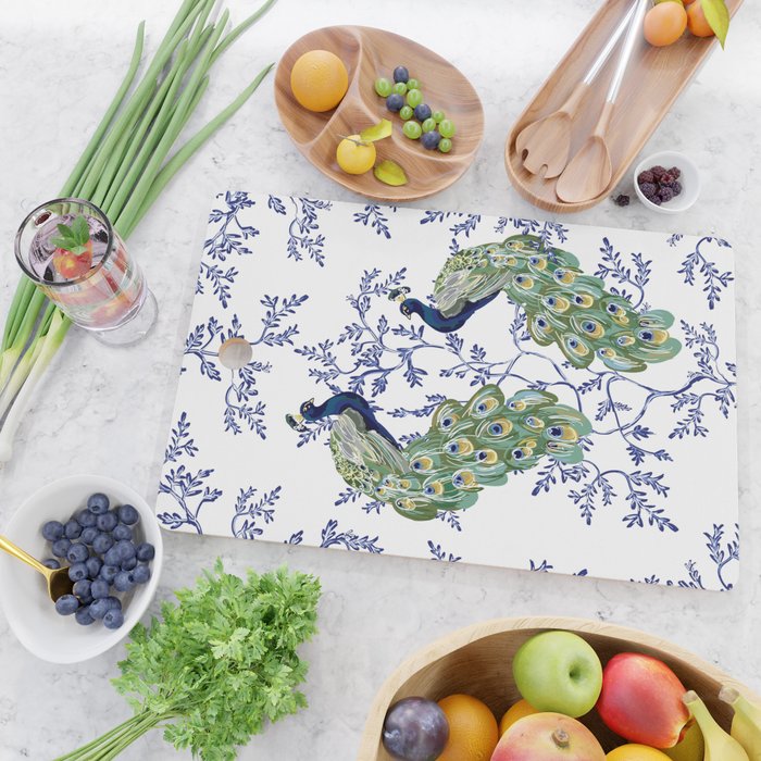 Chinoiserie Peacock Blue & White Floral Cutting Board Gallery Image 2