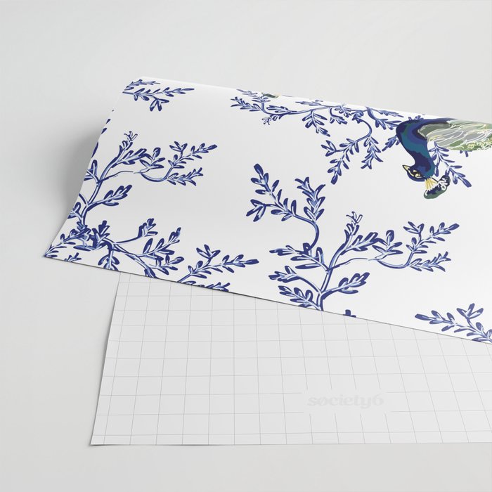 Chinoiserie Peacock Blue & White Floral Wrapping Paper Gallery Image 2