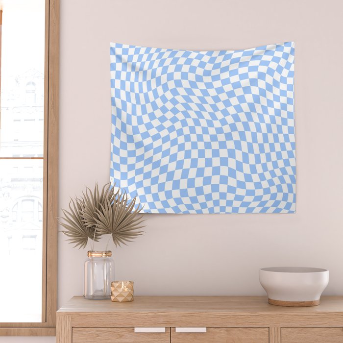 Pastel Blue Twisted Swirl Checkered Squares  Wall Tapestry Gallery Image 2