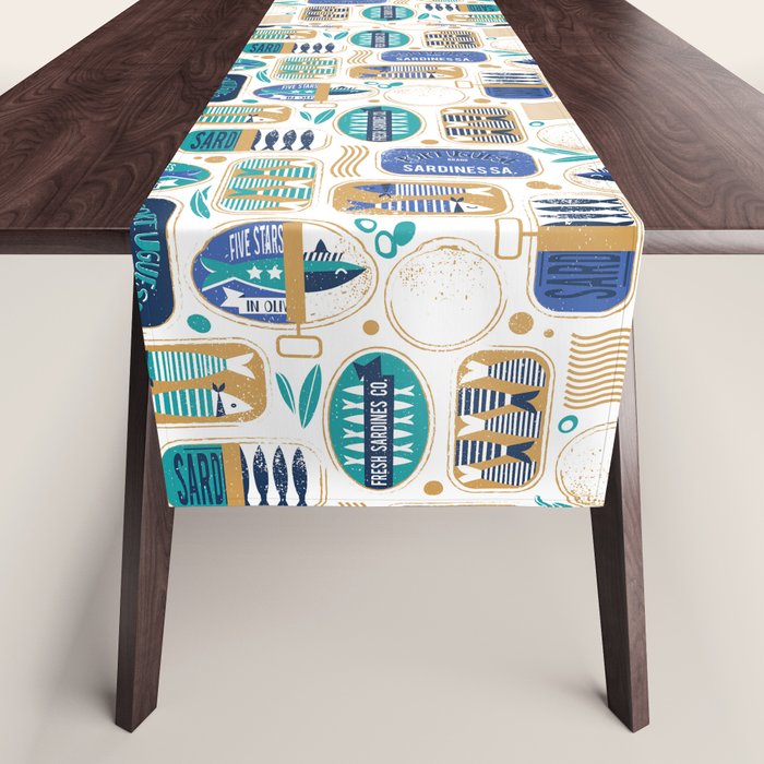 Vintage canned sardines // white background peacock teal and electric blue cans  Table Runner Gallery Image 1