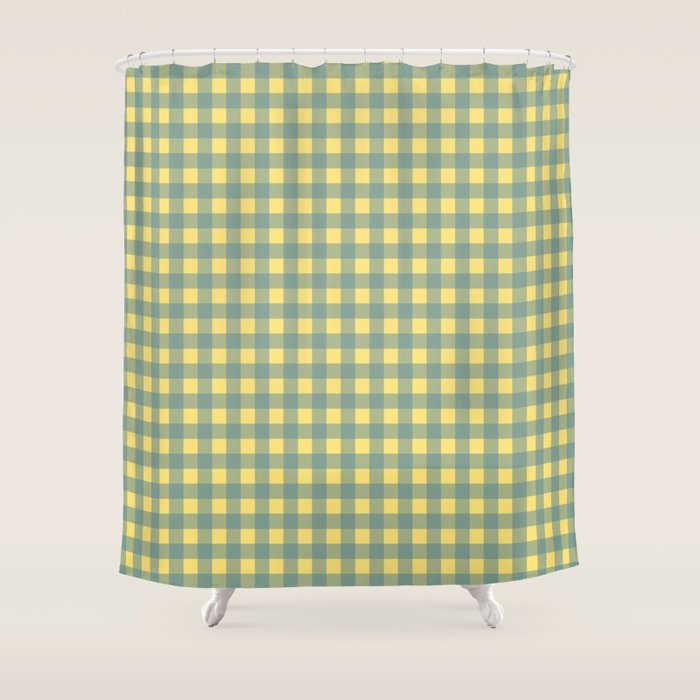 Gingham Check Pattern in Air Force Blue and Butter Yellow Shower Curtain Gallery Image 1