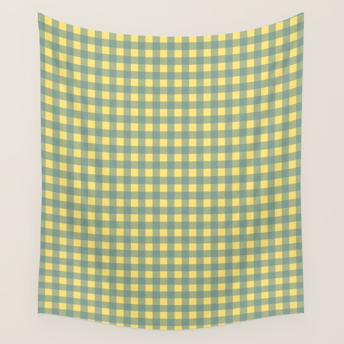 Gingham Check Pattern in Air Force Blue and Butter Yellow Wall Tapestry Gallery Image 4
