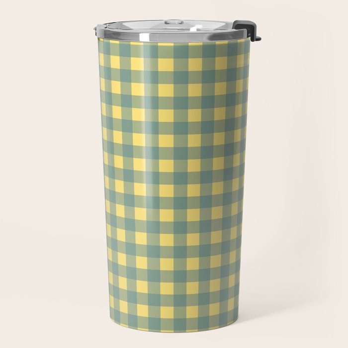 Gingham Check Pattern in Air Force Blue and Butter Yellow Travel Mug Gallery Image 2
