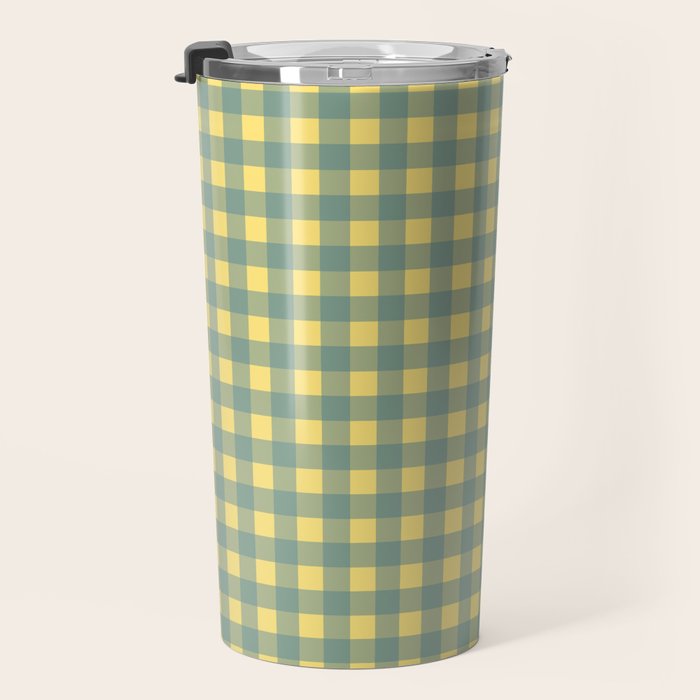 Gingham Check Pattern in Air Force Blue and Butter Yellow Travel Mug Gallery Image 3