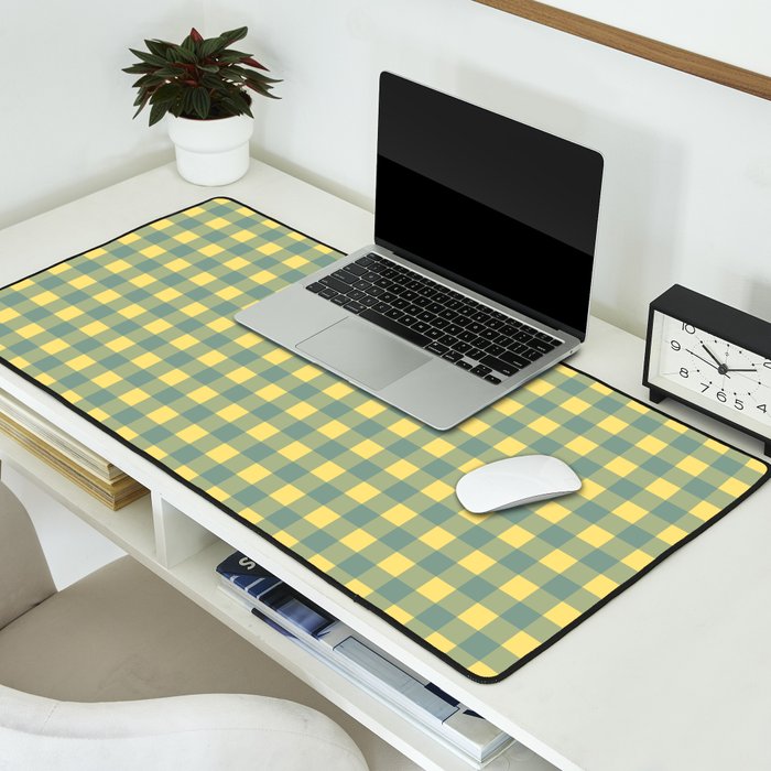Gingham Check Pattern in Air Force Blue and Butter Yellow Desk Mat Gallery Image 2