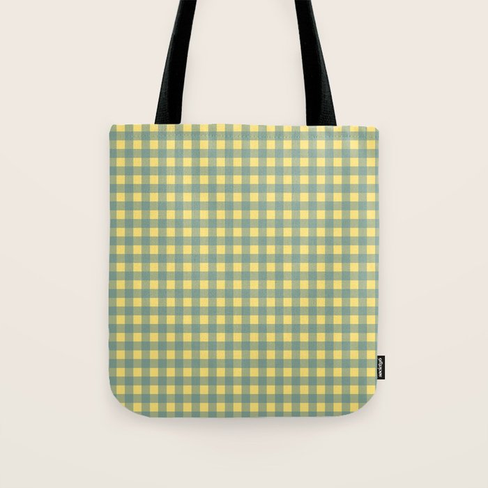 Gingham Check Pattern in Air Force Blue and Butter Yellow Tote Bag Gallery Image 1