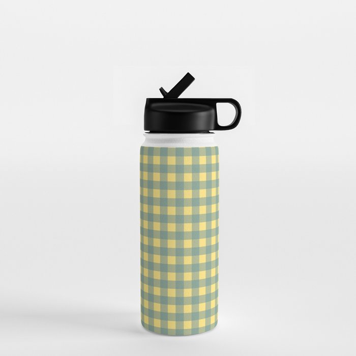Gingham Check Pattern in Air Force Blue and Butter Yellow Water Bottle Gallery Image 1