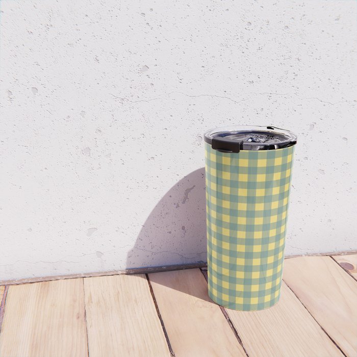 Gingham Check Pattern in Air Force Blue and Butter Yellow Travel Mug Gallery Image 4