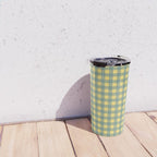 Gingham Check Pattern in Air Force Blue and Butter Yellow Travel Mug Gallery Image 4