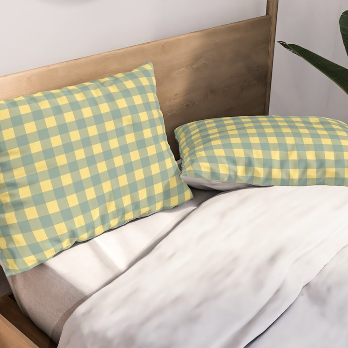 Gingham Check Pattern in Air Force Blue and Butter Yellow Pillow Sham Gallery Image 2