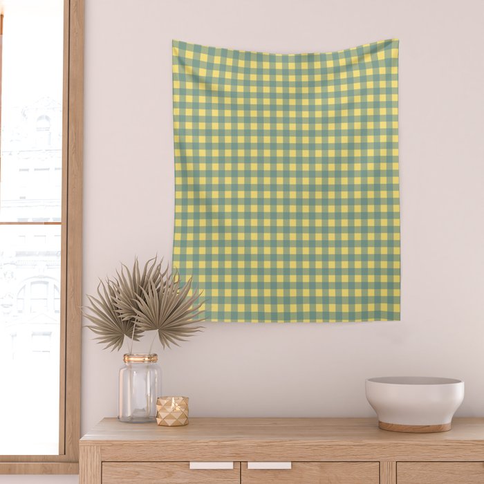 Gingham Check Pattern in Air Force Blue and Butter Yellow Wall Tapestry Gallery Image 2