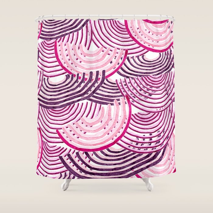 Large Scale Magenta Pink Modern Eclectic Playful Red Onion Slices in Watercolor Shower Curtain Gallery Image 1