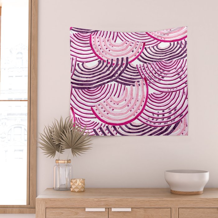 Large Scale Magenta Pink Modern Eclectic Playful Red Onion Slices in Watercolor Wall Tapestry Gallery Image 2