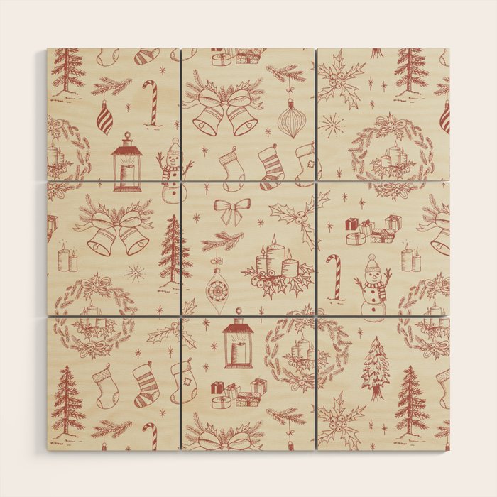 Christmas Toile // Vintage Red Wood Wall Art Gallery Image 1