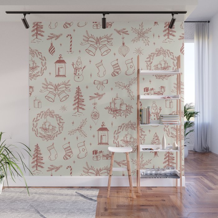 Christmas Toile // Vintage Red Wall Mural Gallery Image 1