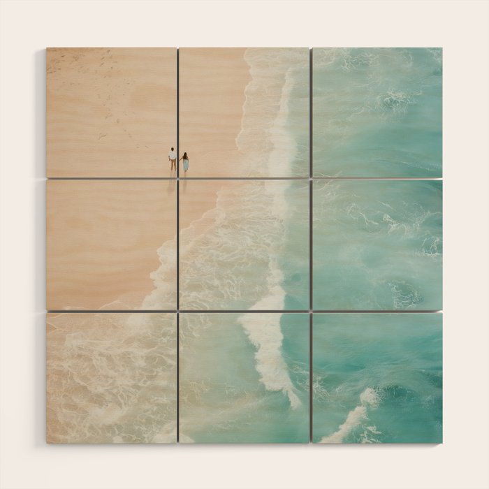 Couple on the Pastel Shore - Aerial Coastal Print Wood Wall Art Gallery Image 1