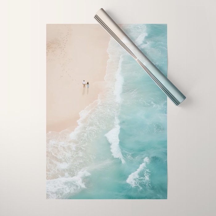 Couple on the Pastel Shore - Aerial Coastal Print Wrapping Paper Gallery Image 1