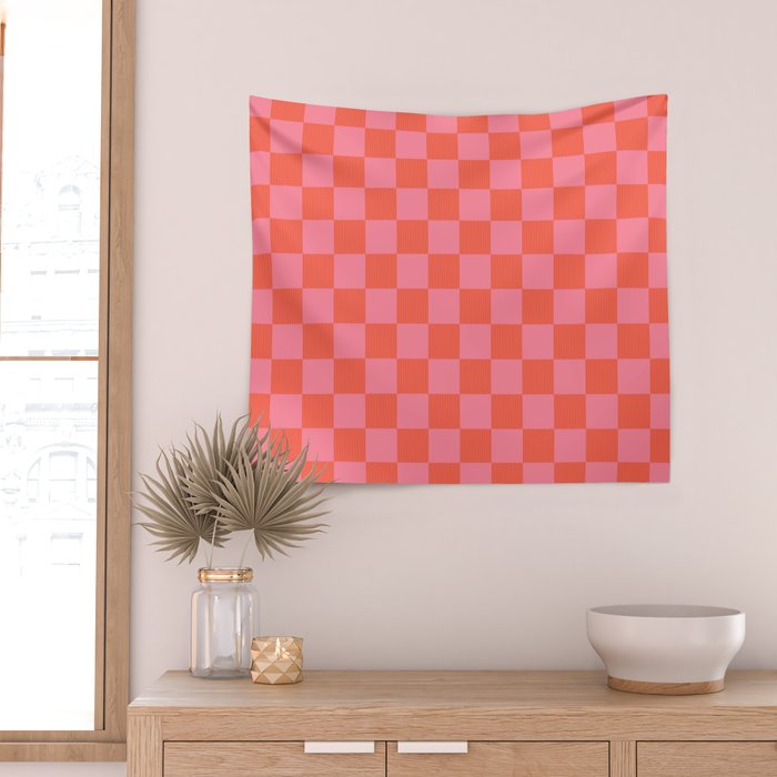 Textured Plaid pattern red and pink Wall Tapestry Gallery Image 2