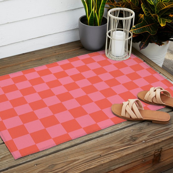Textured Plaid pattern red and pink Outdoor Rug Gallery Image 2