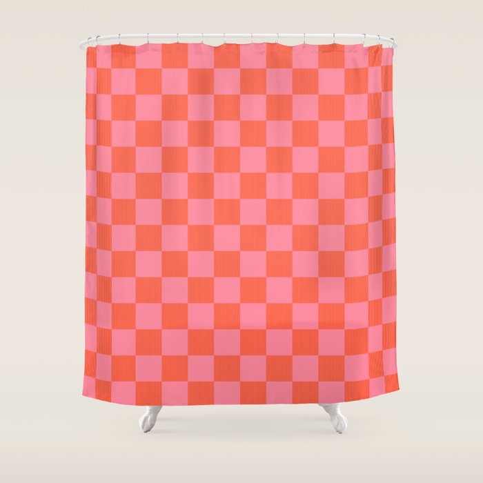 Textured Plaid pattern red and pink Shower Curtain Gallery Image 1