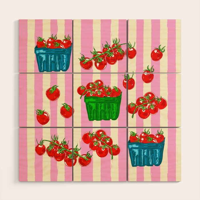 Cherry Tomatoes Euro Summer Aesthetic Stripes Illustration Wood Wall Art Gallery Image 1