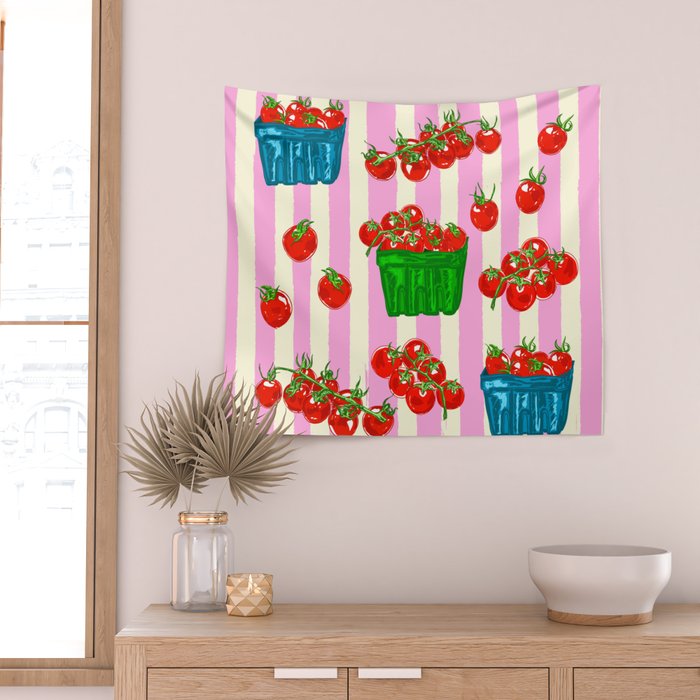 Cherry Tomatoes Euro Summer Aesthetic Stripes Illustration Wall Tapestry Gallery Image 2