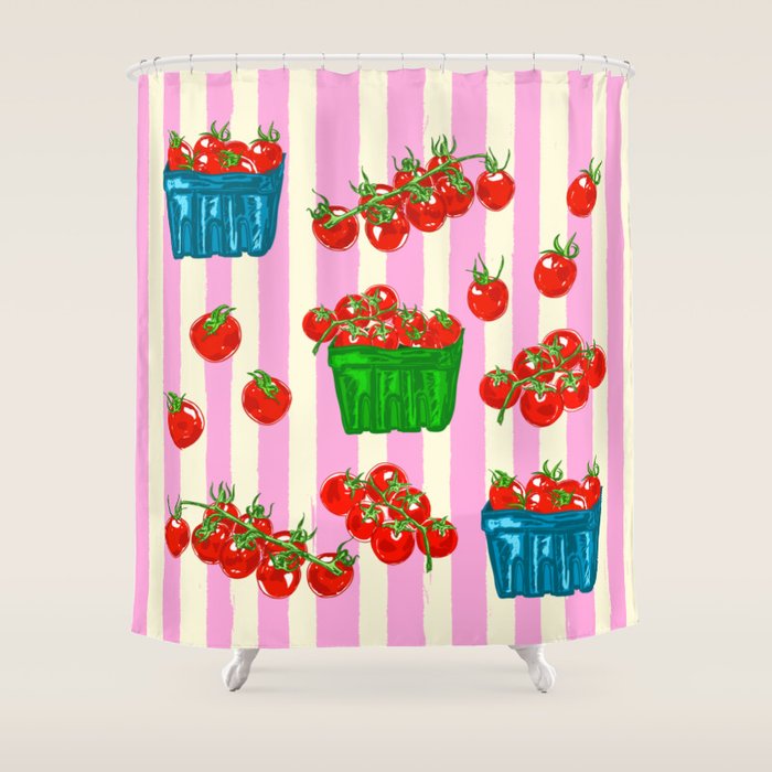 Cherry Tomatoes Euro Summer Aesthetic Stripes Illustration Shower Curtain Gallery Image 1