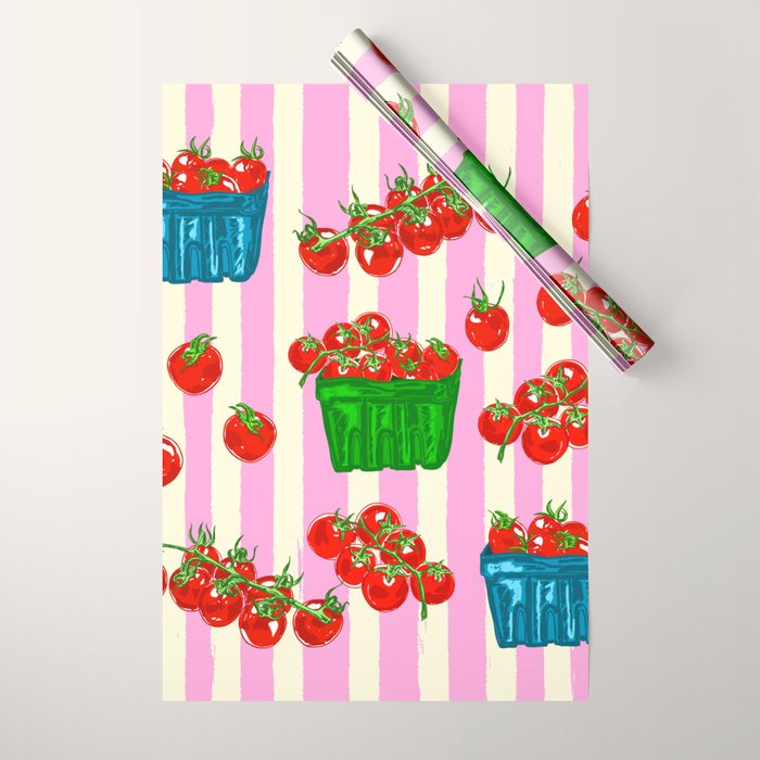 Cherry Tomatoes Euro Summer Aesthetic Stripes Illustration Wrapping Paper Gallery Image 1