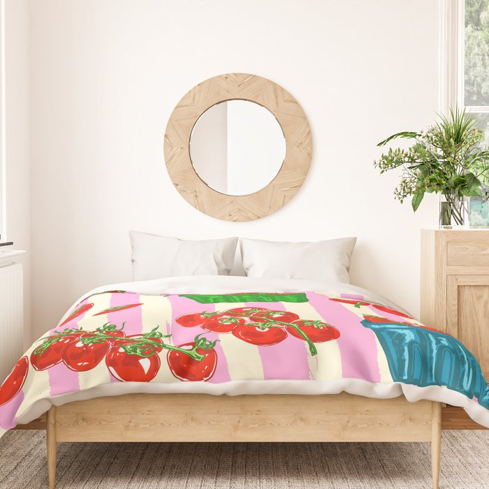 Cherry Tomatoes Euro Summer Aesthetic Stripes Illustration Duvet Cover Gallery Image 3
