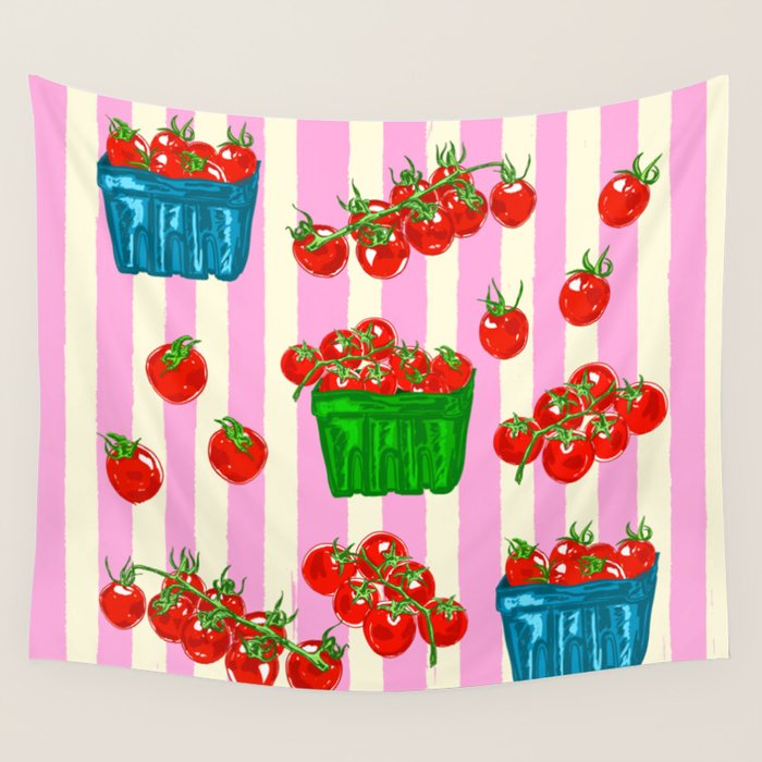 Cherry Tomatoes Euro Summer Aesthetic Stripes Illustration Wall Tapestry Gallery Image 4