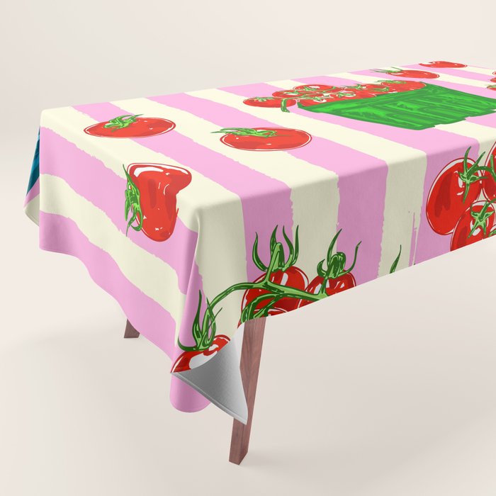 Cherry Tomatoes Euro Summer Aesthetic Stripes Illustration Tablecloth Gallery Image 1
