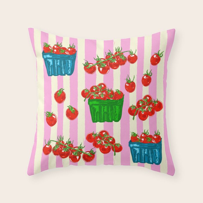 Cherry Tomatoes Euro Summer Aesthetic Stripes Illustration Throw Pillow Gallery Image 1