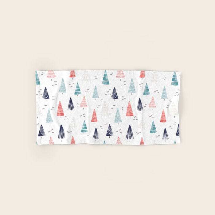Watercolor Christmas Trees Blue Red Bath Towel Gallery Image 1