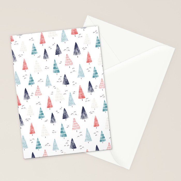 Watercolor Christmas Trees Blue Red Stationery Card Gallery Image 2