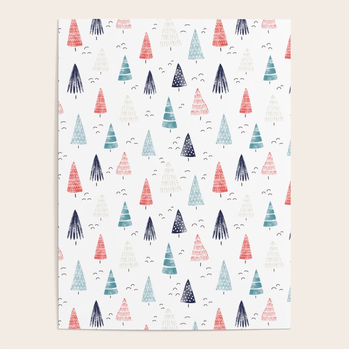 Watercolor Christmas Trees Blue Red Poster Gallery Image 4