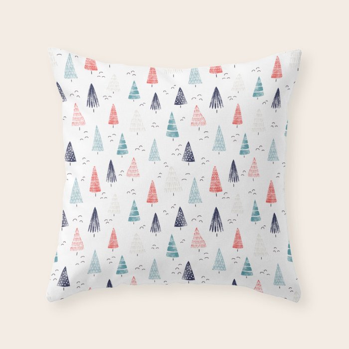 Watercolor Christmas Trees Blue Red Throw Pillow Gallery Image 1