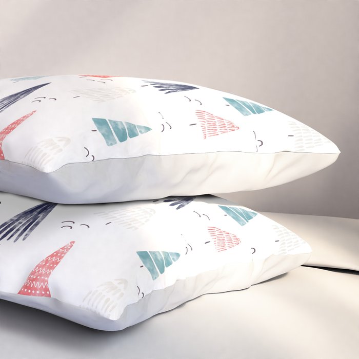 Watercolor Christmas Trees Blue Red Pillow Sham Gallery Image 3