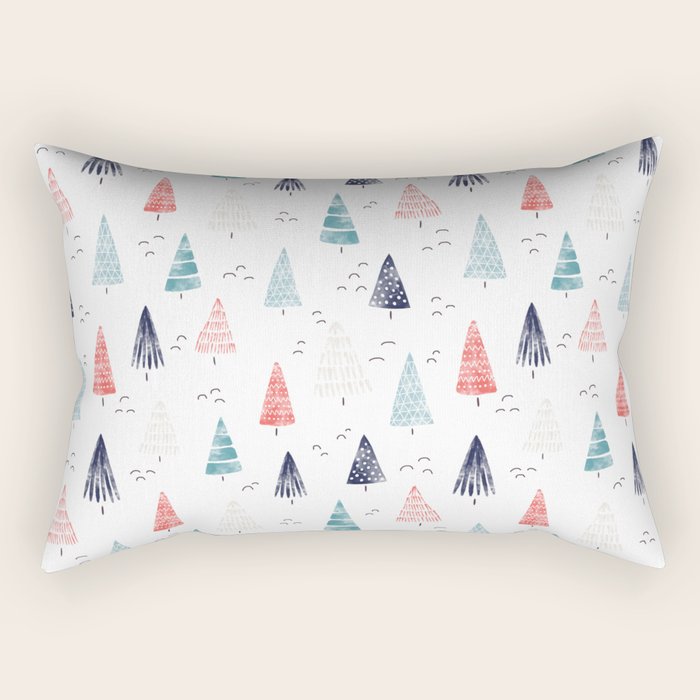 Watercolor Christmas Trees Blue Red Rectangular Pillow Gallery Image 2